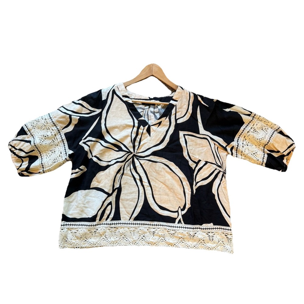 Rachel Zoe Linen mod Colorful floral lace inlay elbow balloon slv top plus 2X